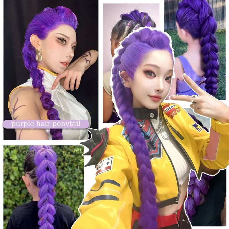 Synthetic Braided Purple Hair Ponytail Rumi Costume Hairstyle 26inch Long Ponytail with Clips for Kids Girls Halloween Christmas