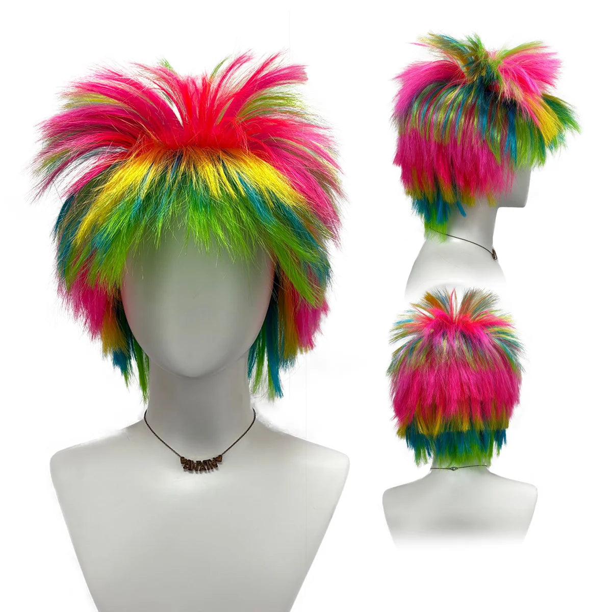 Rainbow Spiky Wig Synthetic Short Fluffy Messy Punk Rock Multi Color Costume Wig Halloween Cosplay Party Carnival 80s Retro