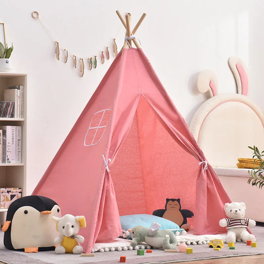 Pink Kids Teepee Play Tent 100% Breathable Cotton Canvas Natural Pine Poles Indoor Playhouse Tent for Little Girls Toddler Reading Nook Play Room Decor Birthday Gift ASTM Non-Toxic Children Play Tent