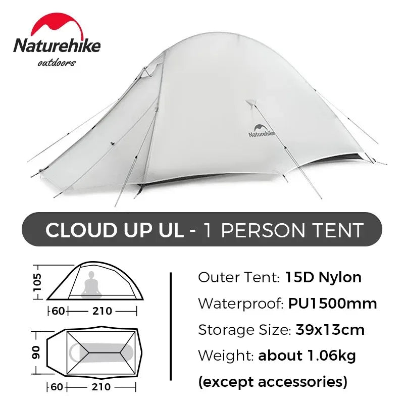 Naturehike Cloud Up UL 1/2 Person Tent Ultralight Camping Tent Double Layer Waterproof Backpacking Tent Outdoor Hiking Tent