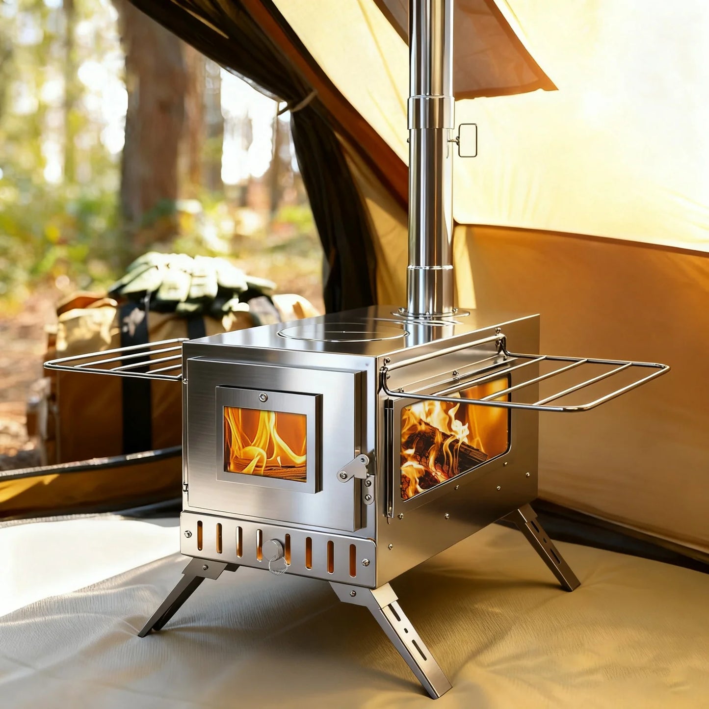 Portable Camping Tent Wood Stove for Outdoor Heating Stainless Steel Hot Tent Stove Burner Stove with 7 Chimney Pipes