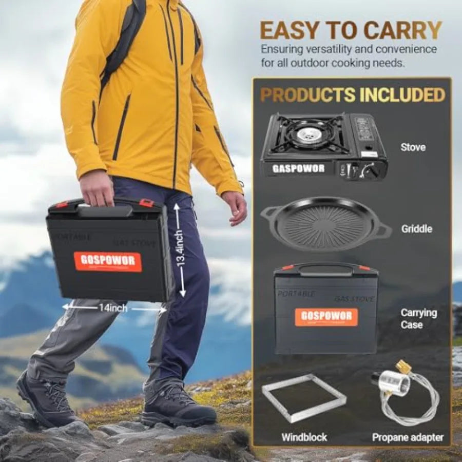 Propane or Butane Stove with Windblocker, Dual Fuel 10, 000 BTU Portable Gas stove for Camping, Automatic Ignition Gas Stove wi