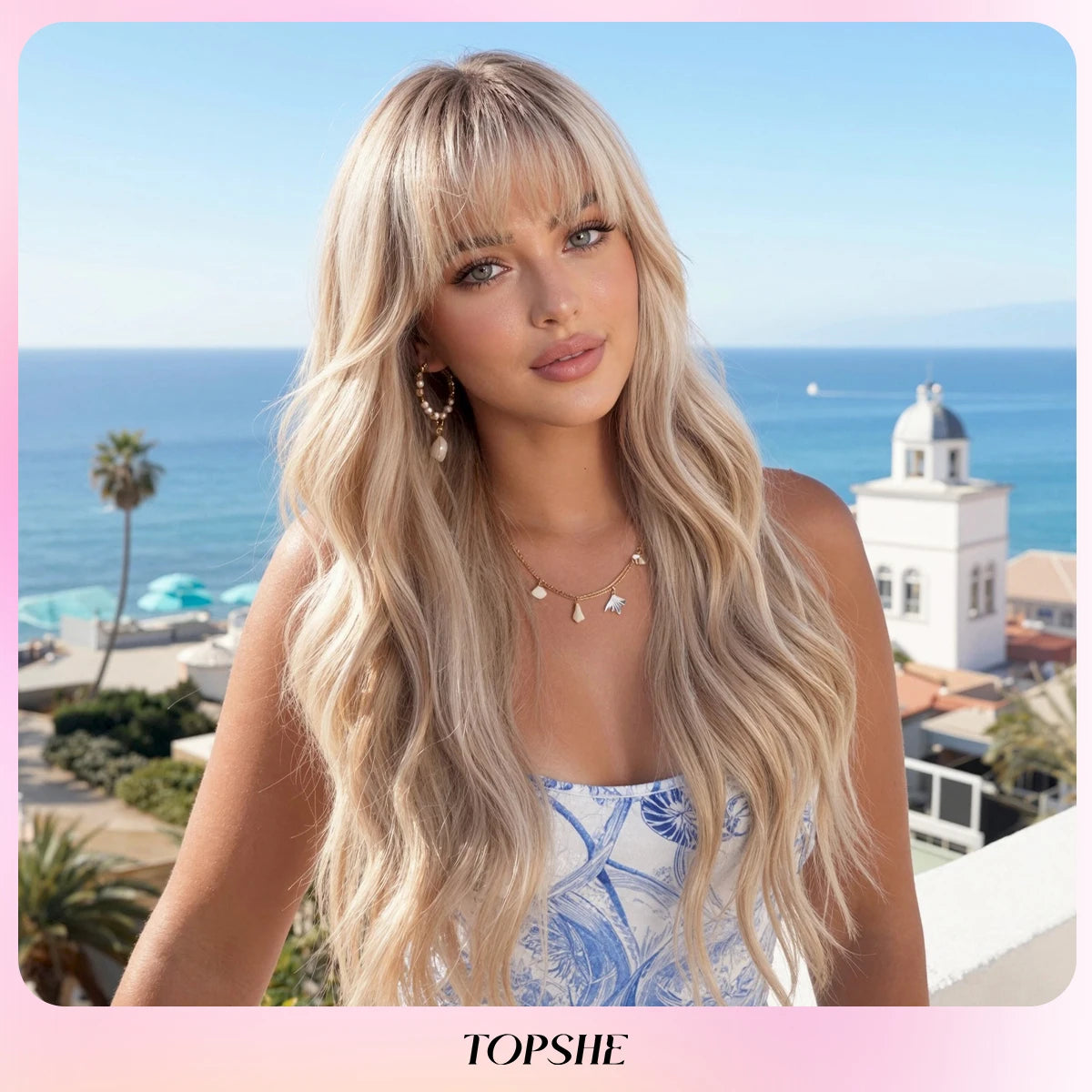 TOPSHE 24 Inch Long Wavy Synthetic Wig with Bangs Ombre Ash Blonde Highlight Dark Root Heat Resistant Fiber Hair Wigs for Women Girls Halloween Costume Party Daily Cosplay Natural Realistic Soft Silky Full Wig