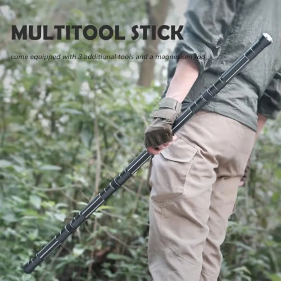 Hiking Tactical Stick Portable Walking Staff Trekking Poles Outdoor Multitool Camping Gear for Men Women Gray