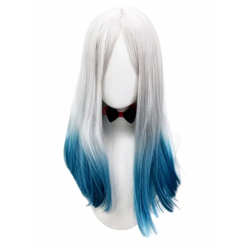 Silver White Blue Gradient Premium Synthetic Fiber Long Straight Wig Ombre Highlights Middle Part Bangs Layered Inner Curl Tips Heat Resistant Adjustable Cap for Women Girls Anime Cosplay Party Halloween Costume Role Play Sta