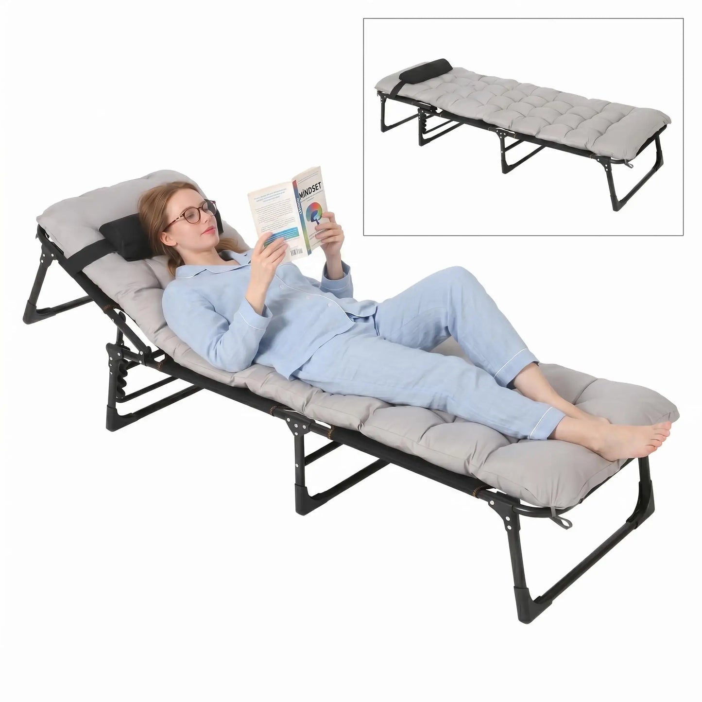 170/190/200cm Foldable Camping Cot For Adults With Mattress & Pillow, 5-Position Adjustable Portable Guest Bed, 400lb Capacity