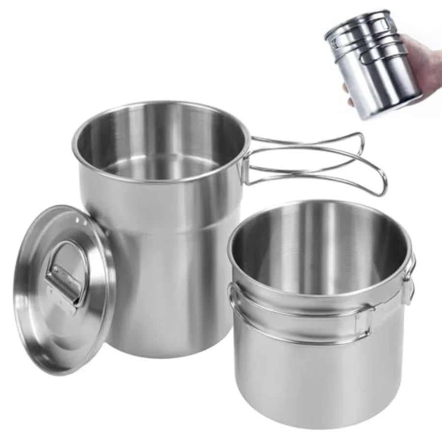 Foldable Camping Cups Mugs Camping Pot Cookware 304-Food-Grade Outdoor Camp Cooking Set with Vented lid, Stainless Steel Backpa