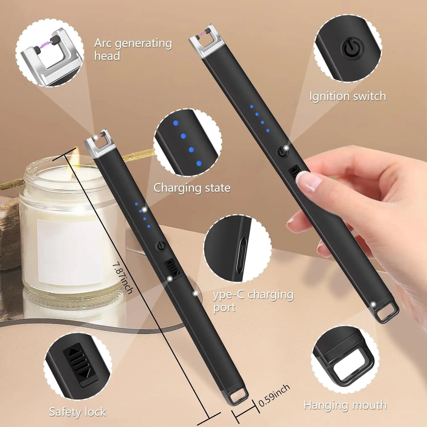Rechargeable Electric Lighter with Battery Indicator and Safety Switch for Candles, BBQ, Camping