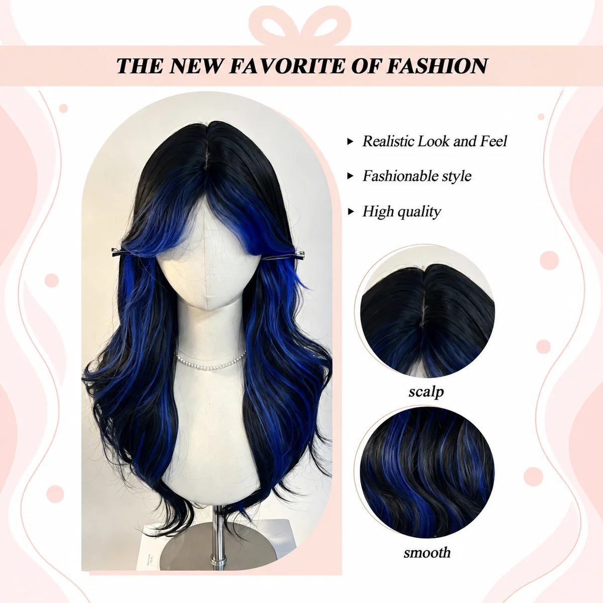 Halloween Wig 26-Inch Long Wavy Synthetic Wig Black and Blue Highlights Heat Resistant Wig for Women Black Wig with Blue Highlights Chemical Fiber Hair with Bangs Face Framing Cosplay Costume Party Goth Anime Daily Wear Soft