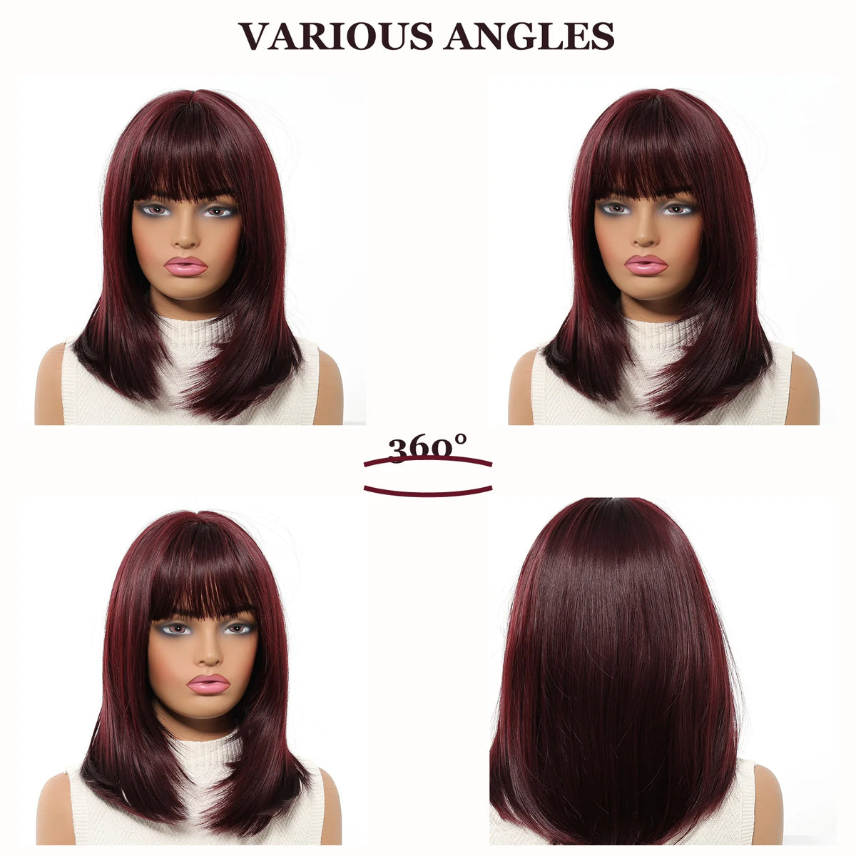 Halloween Wig TopShe Long Straight Wine Red Synthetic Wig with Bangs Heat Resistant Fiber Straight Bob wig for Woman Natural Looking Costume Party Cosplay Daily Wear Skin Friendly No Shedding No Tangles 170g Hot Sale