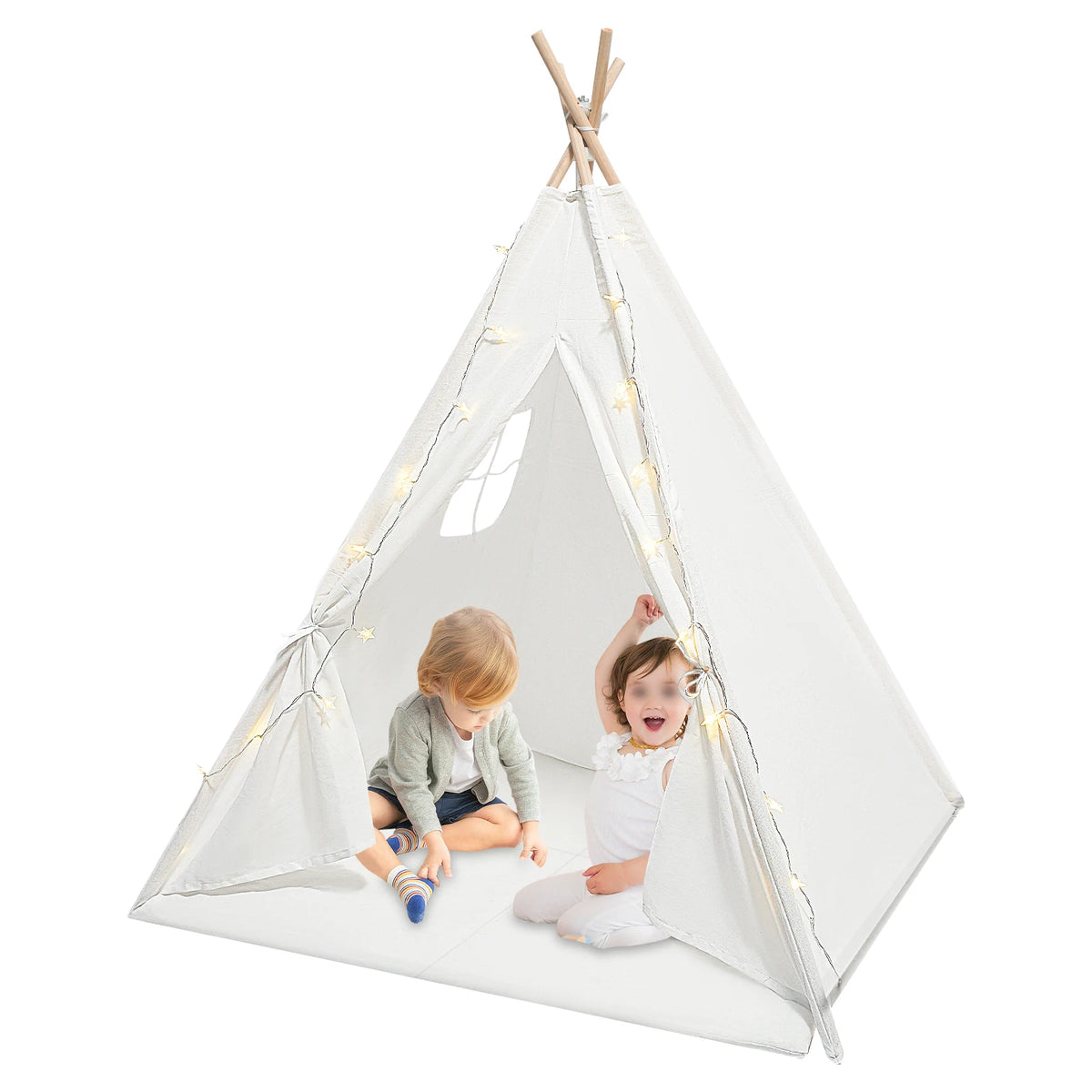 Kids Teepee Play Tent Set, 120120140cm White Cotton Linen 160cm Wood Poles Star Light Mat Assembly Accessories, Foldable Window Curtain Washable Tear-proof Cloth Stable Frame, Bedroom Reading Nook Birthday Indoor Picnic Decor