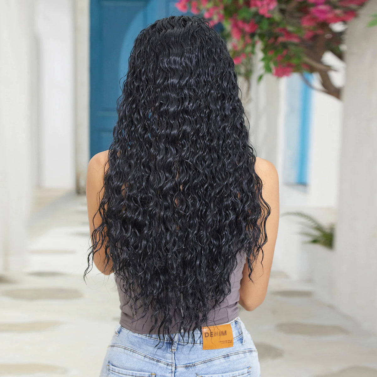 Halloween Wig TopShe Headband Wig Long Body Wave Wig with Headband Blanck Curly Synthetic Wig for Woman 26inch Heat Resistant Fiber Kinky Curly Wave Glueless Daily Party Cosplay Costume Soft Natural Looking