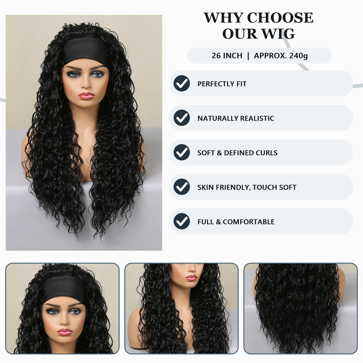 Halloween Wig TopShe Headband Wig Long Body Wave Wig with Headband Blanck Curly Synthetic Wig for Woman 26inch Heat Resistant Fiber Kinky Curly Wave Glueless Daily Party Cosplay Costume Soft Natural Looking