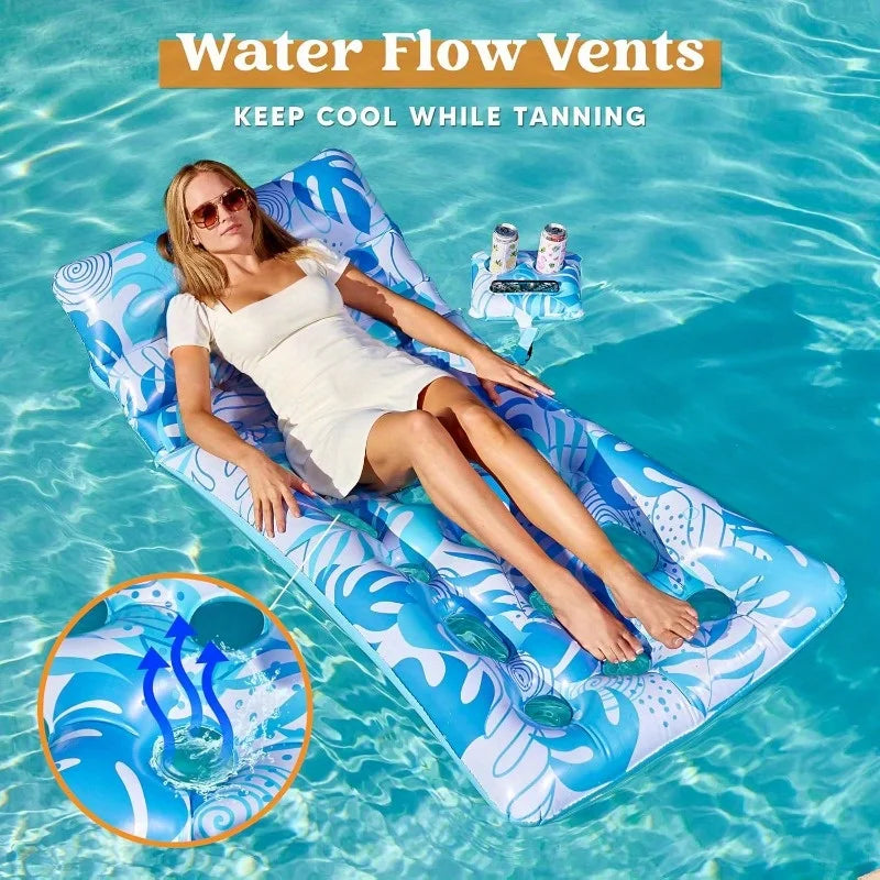 JOYFY Adjustable Backrest Pool Floats-Tropical Leaves Pool Lounger Floaties Adults with Cup Holders Inflatable Tanning Float