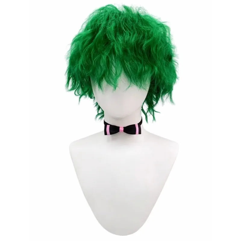 Bright Green Premium Synthetic Fiber Short Curly Wig Shaggy Fluffy Messy Layered Wolf Cut Hair with Bow Tie Choker Collar Accessories Heat Resistant Adjustable Cap for Women Girls Cosplay Party Halloween Costume Role Play Sta