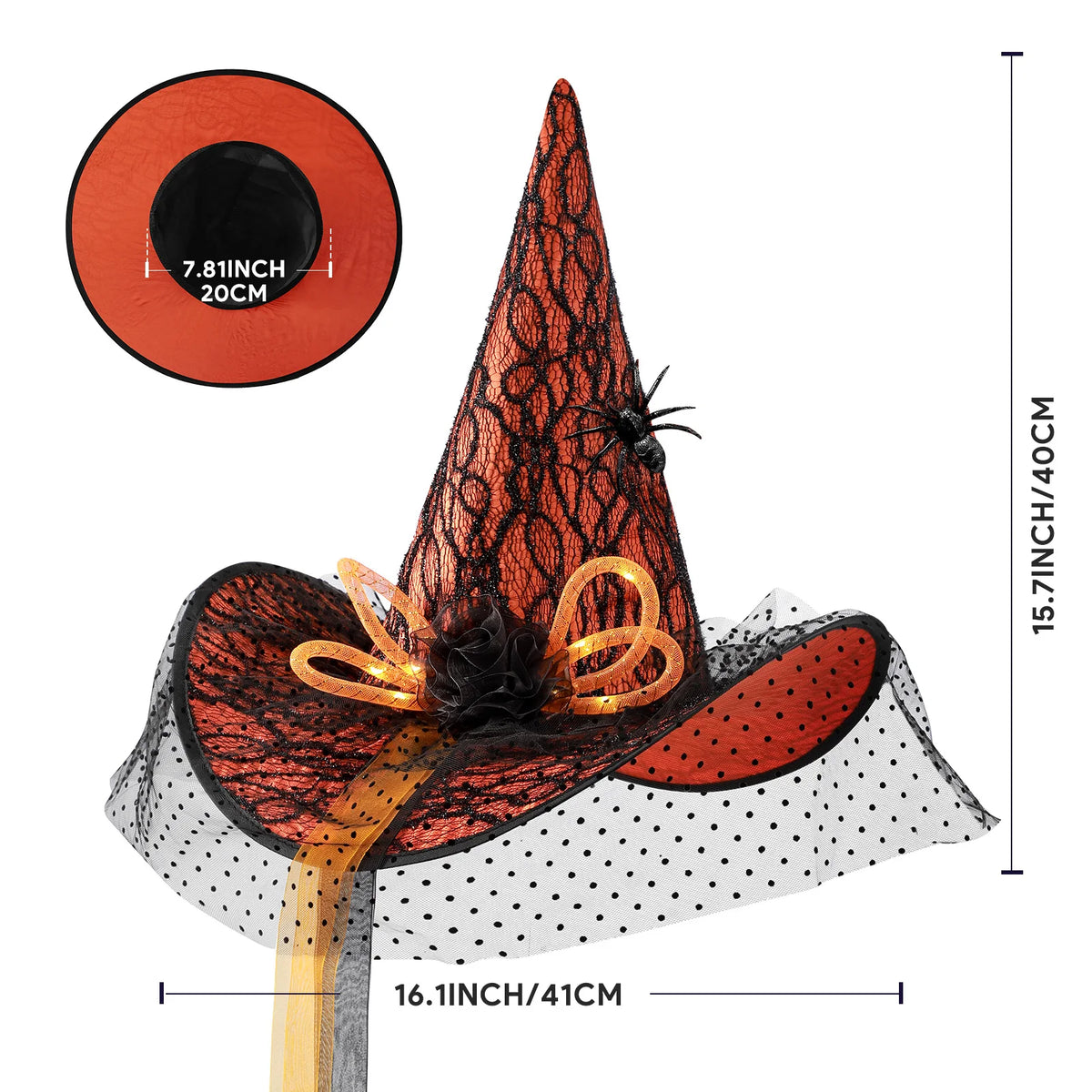 Women Halloween Witch Hat, 6 Styles Black Orange Purple Pointed Witch Hats with Spider Web Lace, Flower, Feather and LED Light Decor, Halloween Party Cosplay Costume Accessory