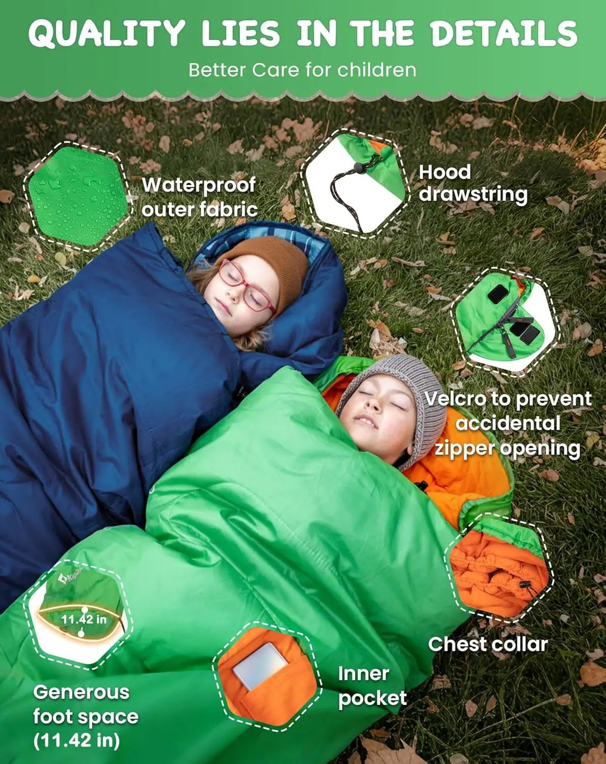 Lightweight Waterproof Flannel Sleeping Bag for Kids – Compact Camping Gear for Youth, 45°F Cold Weather Warmth, Fits Ages 10-12, Height 4'7"-5'5"