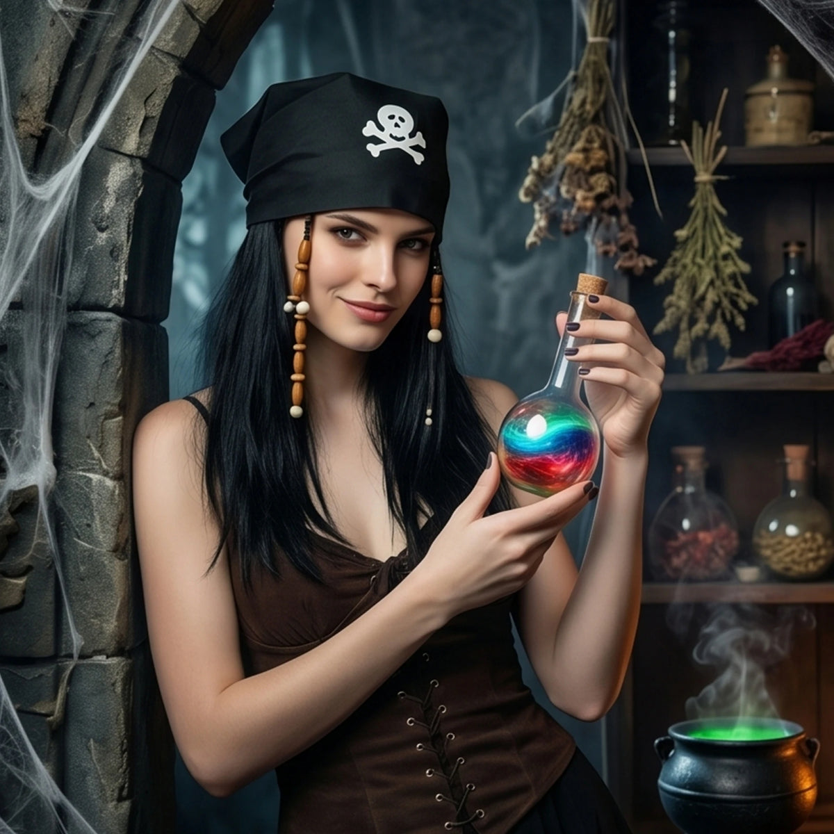 Women Halloween Pirate Print-Bandana-Straight With-Skull-Print Headpiece Party Accessories Wig Straight Straight Cosplay