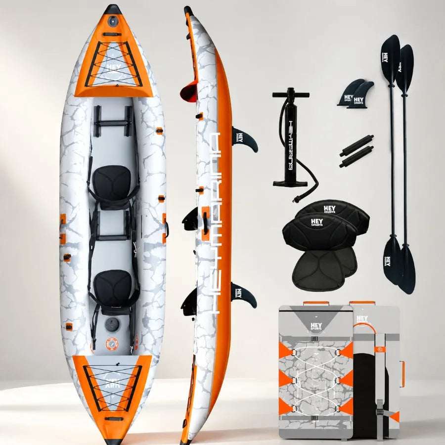 Tandem Fishing Kayak For Adults, Inflatable Portable Touring Canoe With Dual Floats, Drop-Stitch Floor And Fish Measuring Ruler