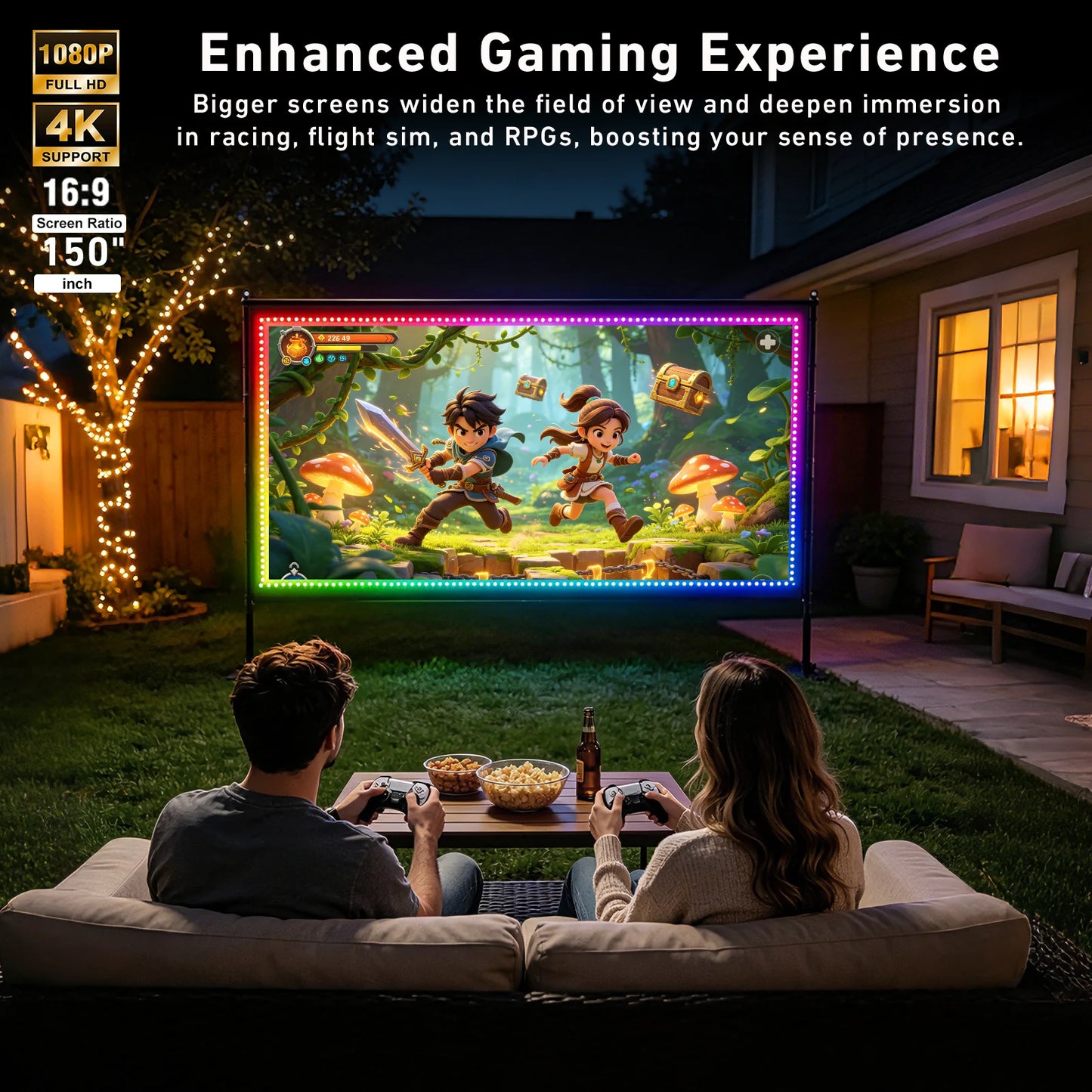 LED Projector Screen with Stand for Sports Events & Football Match, 150 inch 16:9 4K HD Portable Outdoor Movie Screen, Wrinkle-Free Foldable Indoor Projection Screen with Carry Bag & Ground Nails for Backyard Cinema Home Thea