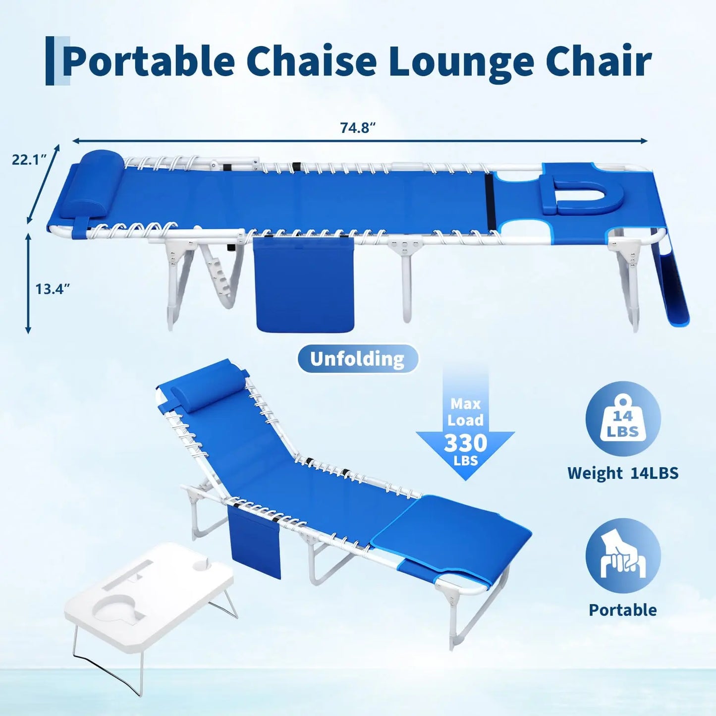 New Tanning Chair with Face Hole, 3-in-1 Outside Beach Lounge Chair with Folding Table, 5 Reclining Positions and Removable Pillow, for Beach, Pool, Patio, Garden -Max 330lbs (Blue)