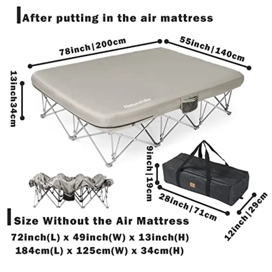 CosyWild 2 Person Camping Cot Frame Only Air Mattress Not Included Folding Full Size Camping Bed Frame with Side Pocket and Car