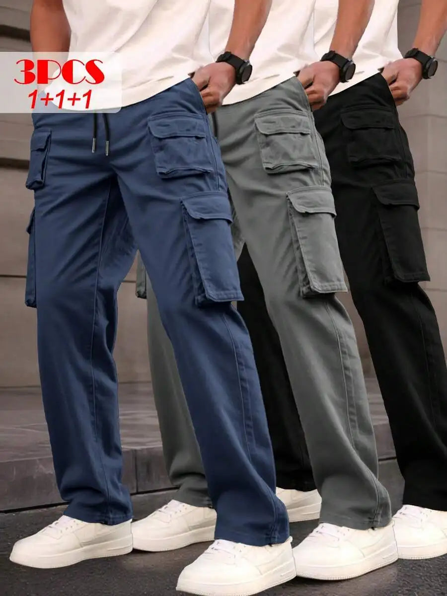PINELF 3-Pack Men's Cargo Pants, Multiple Pockets, Perfect For Spring/Fall Wear | Drawstring Waistband | Smooth Textured