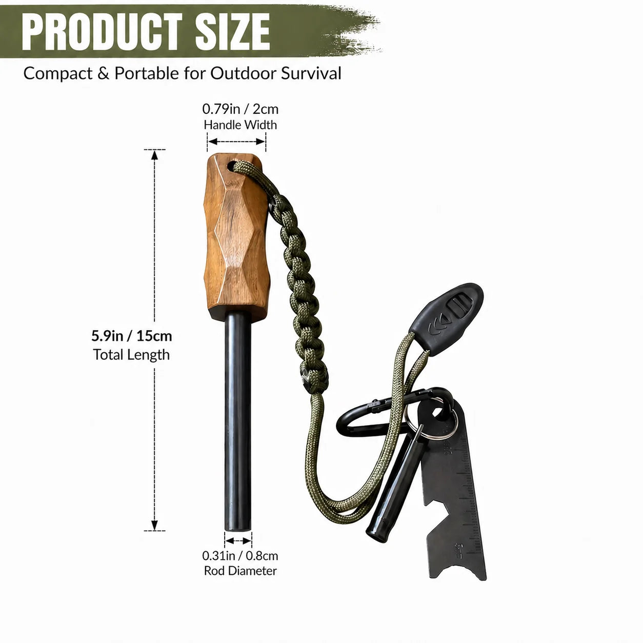 4-piece set, wooden handle magnesium ignition stick, multifunctional scraper, hanging rope whistle, climbing buckle, waterproof and durable, emergency ignition, suitable for outdoor camping, hiking, wilderness survival, magne