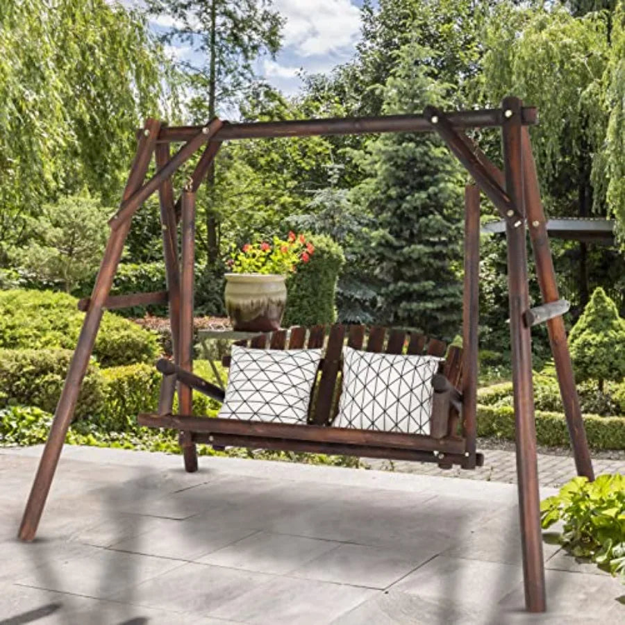 Patio Porch Swing Set 67in Wood Log Swing Stand with Bench Loveseat Stable A-Frame for Patio Backyard Deck Carbonized