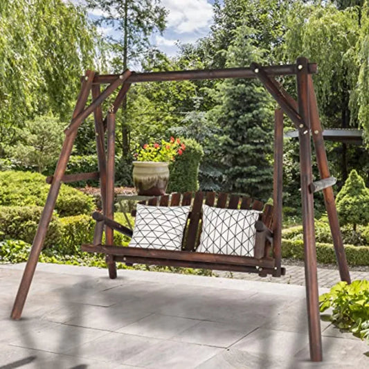 Patio Porch Swing Set 67in Wood Log Swing Stand with Bench Loveseat Stable A-Frame for Patio Backyard Deck Carbonized