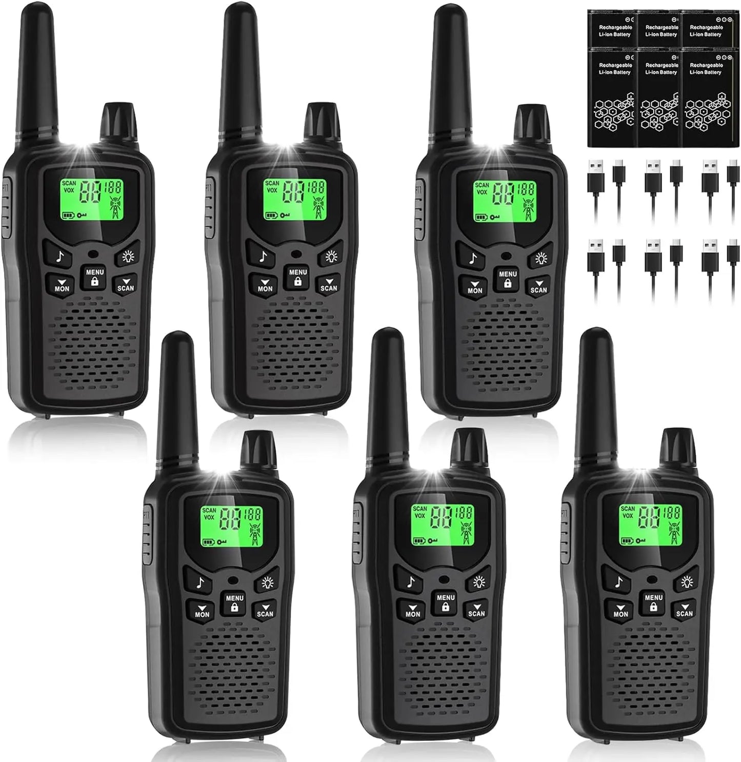Long Range Rechargeable Walkie Talkies, 22 Channels with Noise Reduction & LED Flashlight, 6 Pack Black
