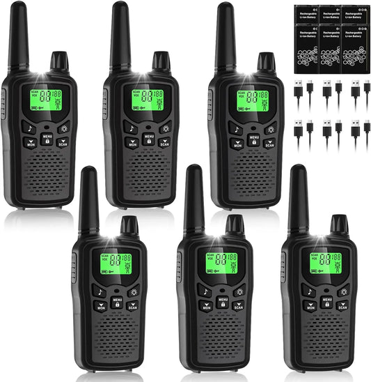 Long Range Rechargeable Walkie Talkies, 22 Channels with Noise Reduction & LED Flashlight, 6 Pack Black