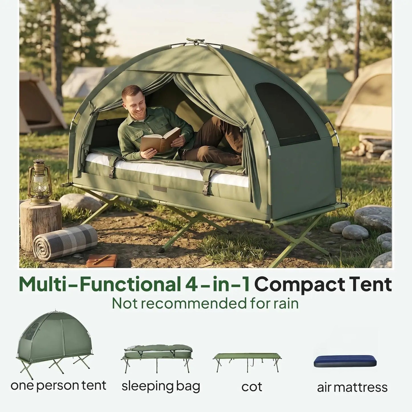 6-in-1 Folding Camp Tent Cot with Mattress, Pillow, Sleeping Bag, Bed Cover, Roller Bag - Off Ground Travel Cot for Hiking, Backpacking, Picnic