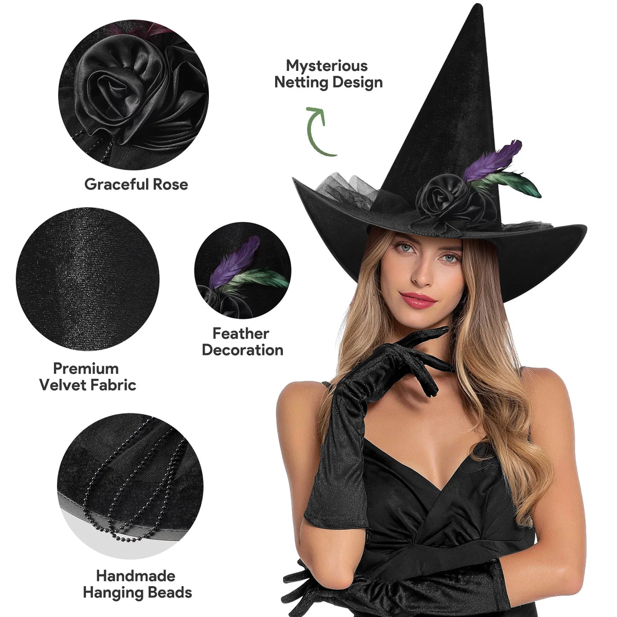 Women Halloween Witch Hat, 6 Styles Black Orange Purple Pointed Witch Hats with Spider Web Lace, Flower, Feather and LED Light Decor, Halloween Party Cosplay Costume Accessory