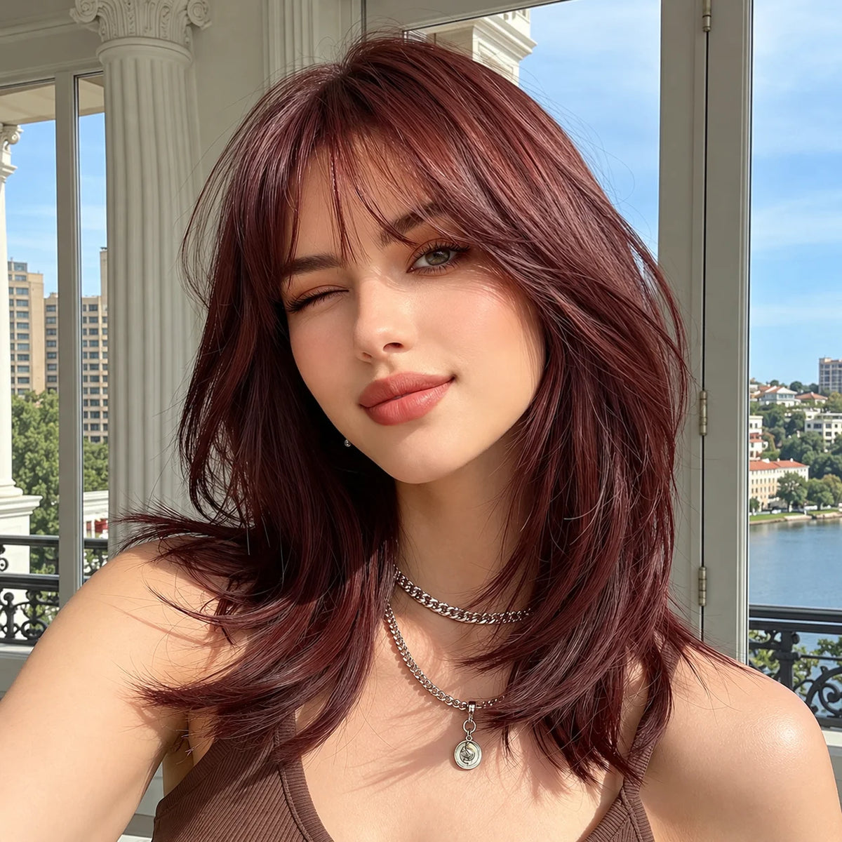 TopShe 14th Short Straight Wine Red Wig for Woman Synthetic Wig with Bangs Heat Resistant Fiber Straight Bob Wig for Woman Natural Looking Halloween WigCostume Party Cosplay Daily Wear Skin Friendly No Shedding No Tangles 170