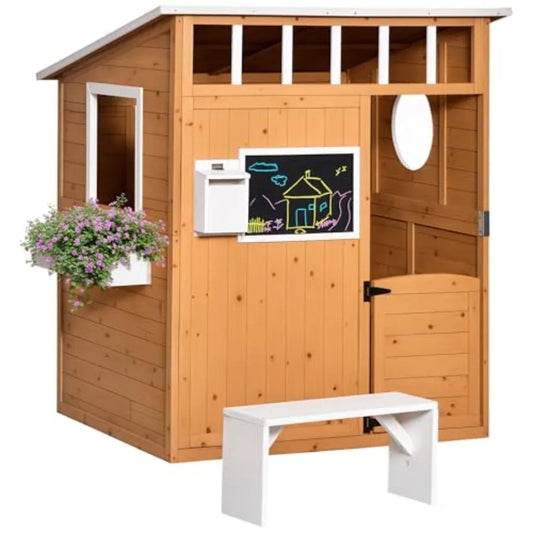 Outdoor Wooden Playhouse For Kids With Working Door, Yellow Finish, Includes Windows, Mailbox, Bench, And Flower Pot Holder