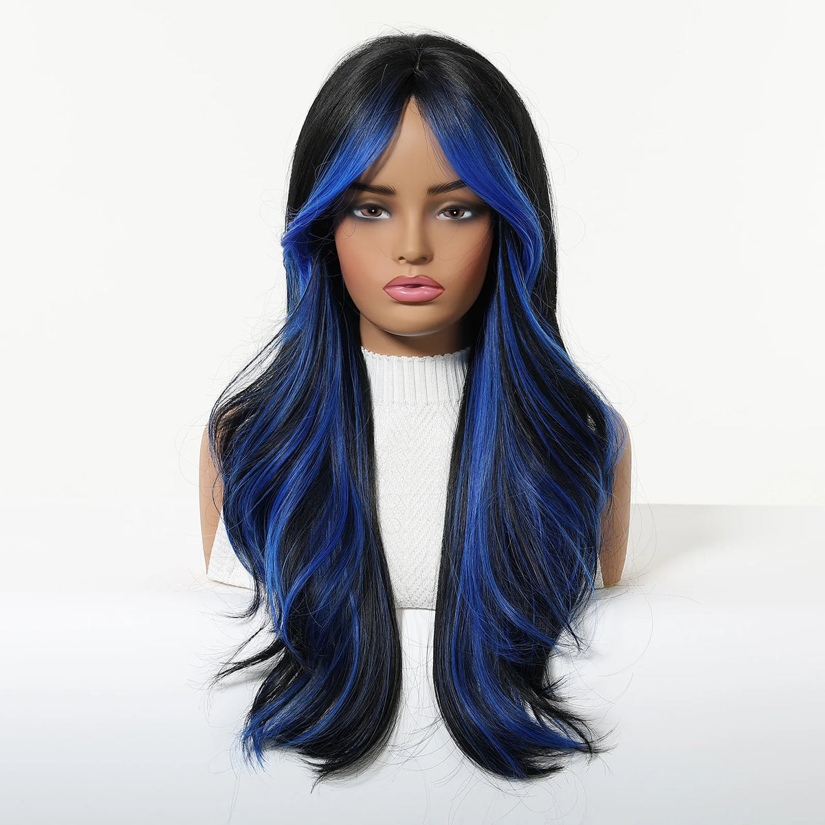 Halloween Wig Long Wavy Synthetic Wig Black and Blue Highlights 26 Inch Heat Resistant  Wigs for Women Black Wig with Blue Highlights Chemical Fiber Hair with Bangs Face Framing Cosplay Costume Party Goth Anime Daily Wear Sof