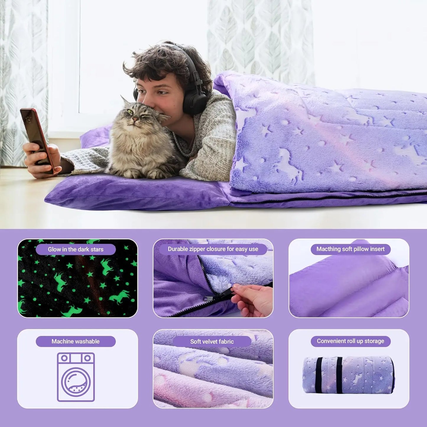 Glow in the Dark Kids Sleeping Bag for Ages 10-12, Soft Nap Mat with Pillow and Blanket for Daycare, School, Travel & Camping, Sleep Bag for Boys and Girls, Truck Theme