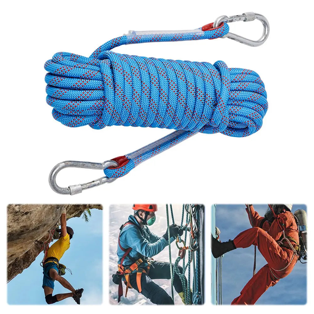 10mm Rock Climbing Rope with 2 Hooks Outdoor Static Rapelling Rope 10m/20m/30m Mountaineering Rope for Outdoor Sports