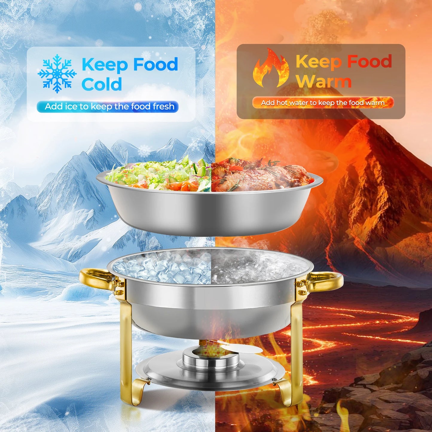 Chafing Dish Buffet Set 4Pack, 6QT Round Stainless Steel with Gold & Silver Accent | 4 Food Pans & Lids, Heating and Cooling Servers, Warmers for Parties Wedding Catering Banquets Family Gatherings