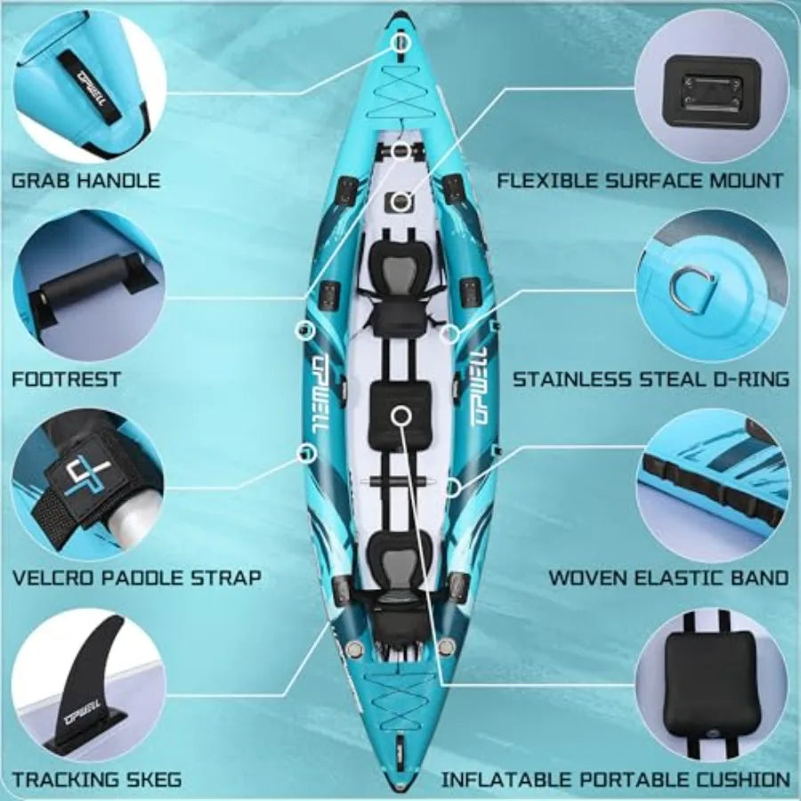 11'14'6 Inflatable Kayak with Drop Stitch Floor in Blue and Gray Includes Kayak Seat with Thickened Cushion Paddle Fin Repair Kit