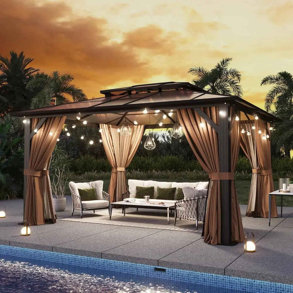 10x12 ft. Outdoor Poly Pavilion with Curtains & Netting, Ideal for Gardens and Patios, Brown