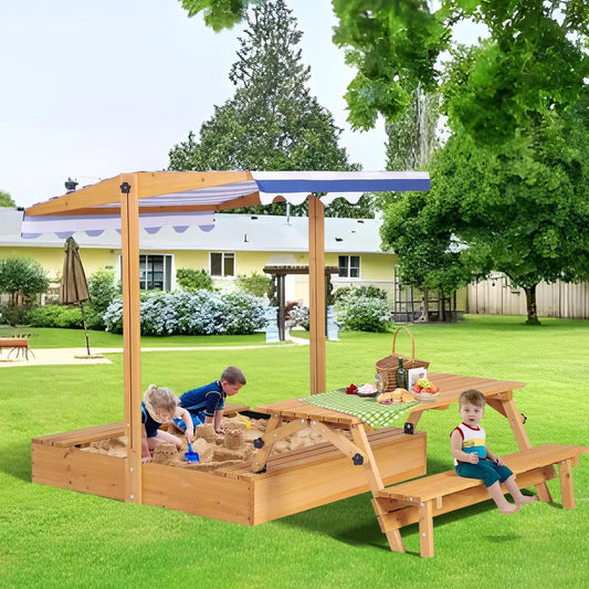 Kids Sandbox with Lid, Outdoor Wooden Sand Boxes with Kids Picnic Table, Sandpit with Cover Canopy, Toddler Outdoor Playhouse with Canopy