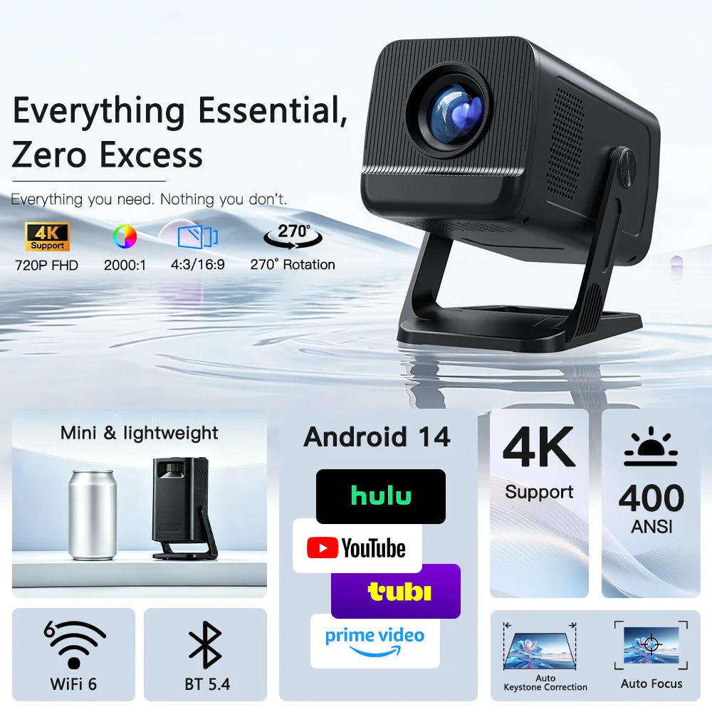 LYNCast Smart Projector with Android 14.0 & WiFi 6, 4K Support, Wireless Screen Mirroring X1, Perfect for TV Series, Movies, Gaming, Anime, Sports, K-Dramas, Concerts