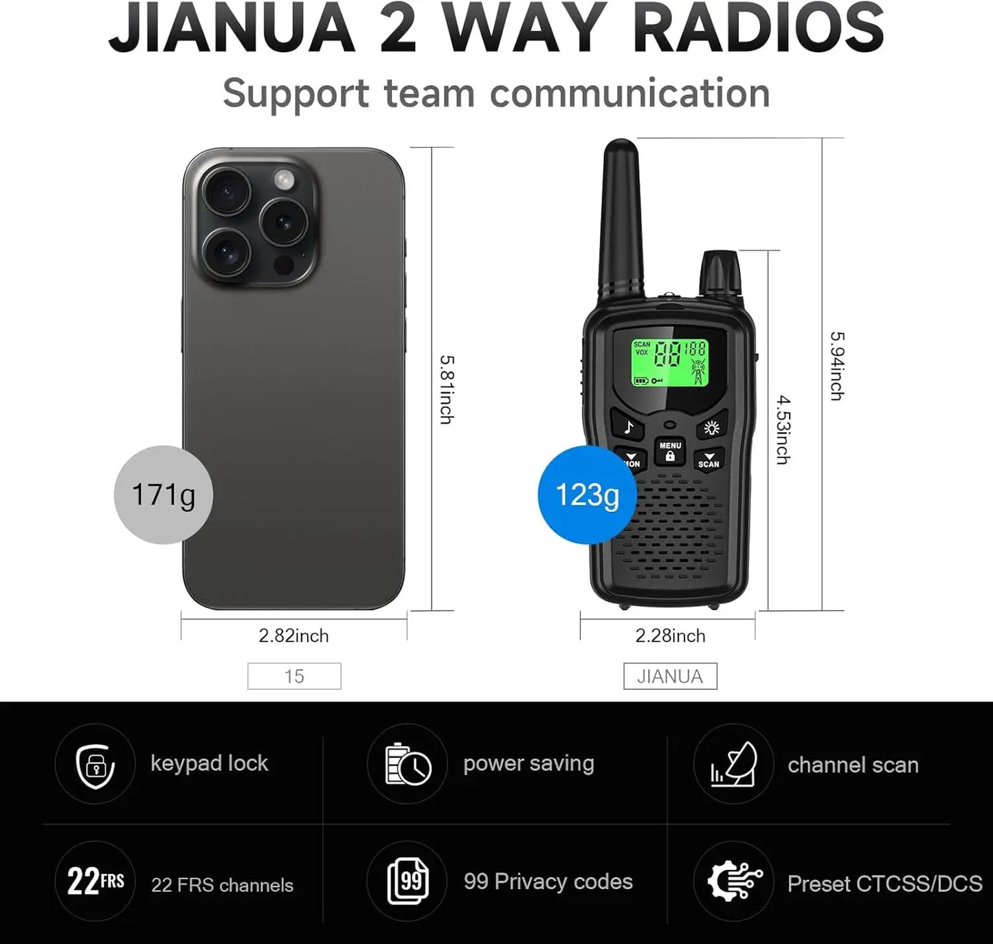 Long Range Rechargeable Walkie Talkies, 22 Channels with Noise Reduction & LED Flashlight, 6 Pack Black