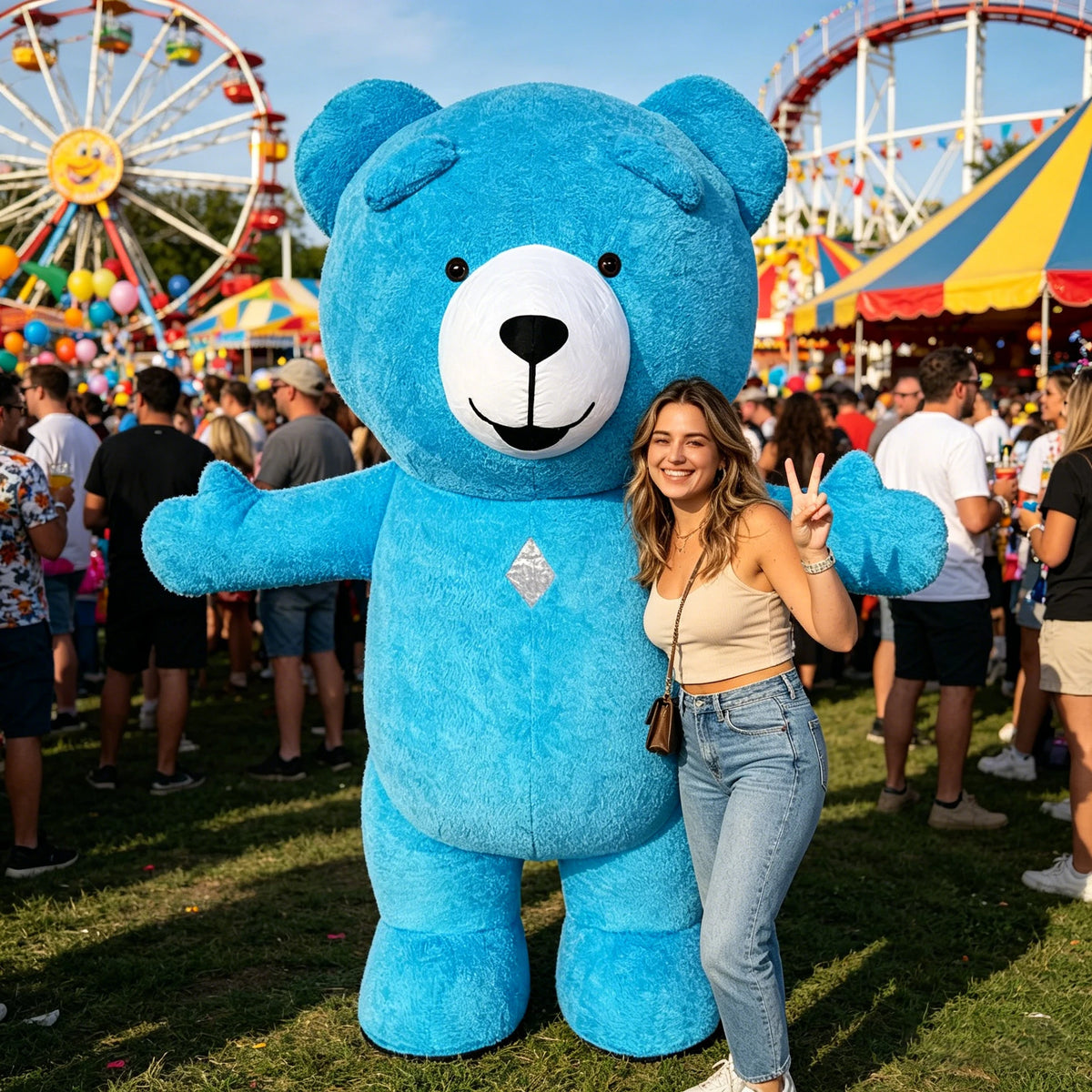 Blue Teddy Bear Inflatable Costume Mascot Parade Adult Character Cosplay Animal Birthday Halloween Party Event Plush Set