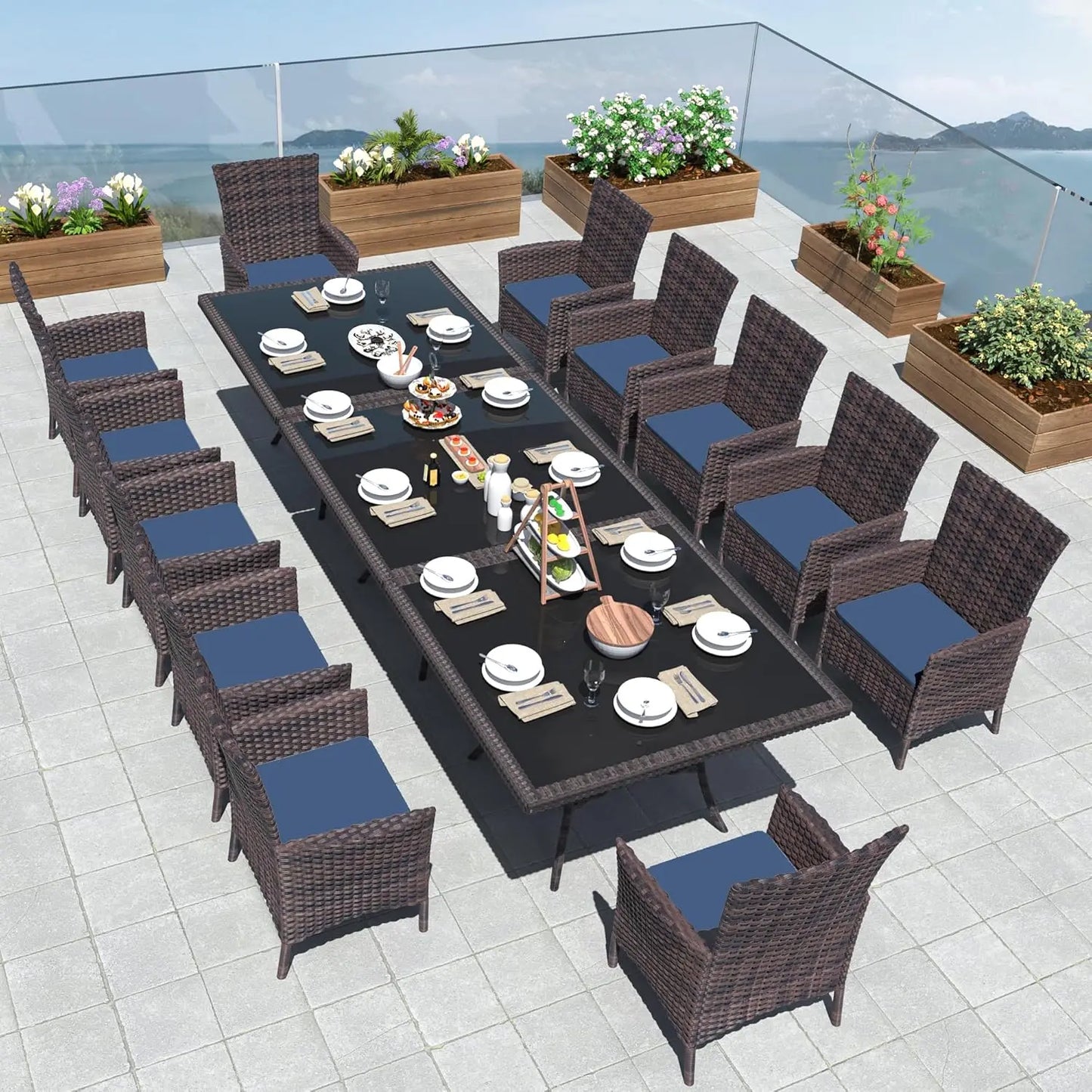15-Piece Rattan Outdoor Dining Set Square Tempered Glass Table w Umbrella Hole & 12 Chairs Grey Customized