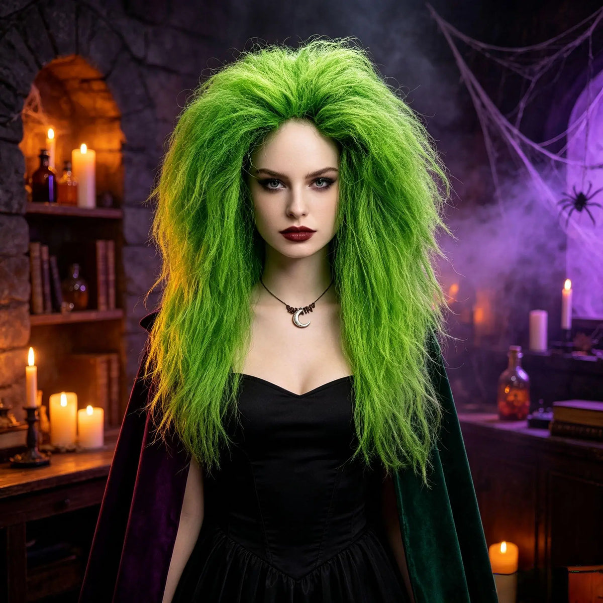Bright Green Premium Synthetic Fiber Long Curly Wig Fluffy Messy Frizzy Voluminous Big Curls No Bangs Center Part Heat Resistant Adjustable Cap for Women Girls Cosplay Party Halloween Costume Role Play Stage Show Photo Shoot