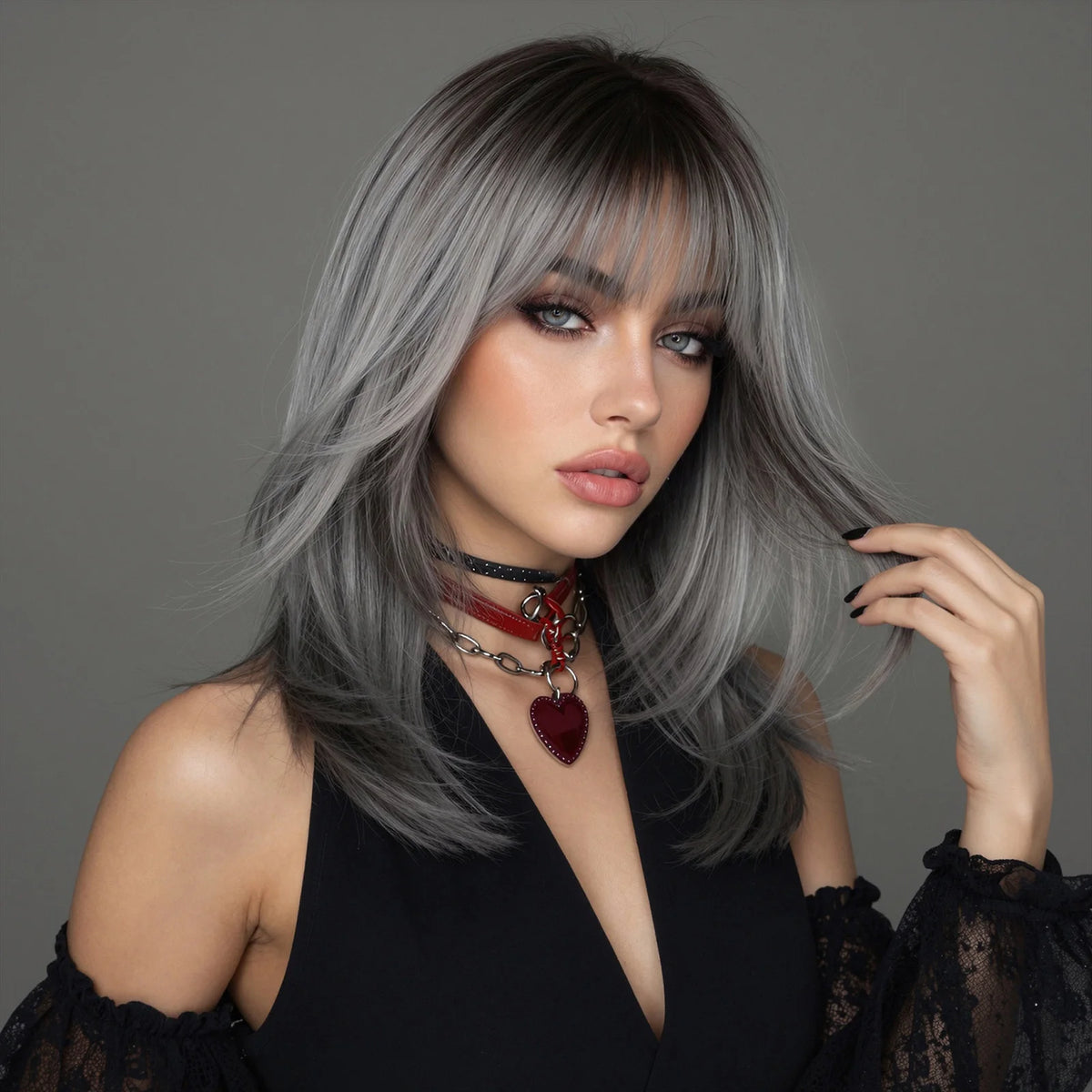 TopShe 18 inch Grey Wave Synthetic Wig Curly for Woman Shoulder Length Heat-Resistant Silver-Grey Hall Wig Layered Medium Length Shaggy Hair Wig Display Costume Party Daily Wear Natural Ash Grey Salt and Pepper Hairpiece Feat