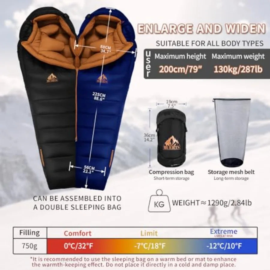 Down Backpacking Sleeping Bag 680FP. Cold Weather Sleeping Bag 0°F-32°F Multiple Temperature Options XL Large 4 Season Sleeping